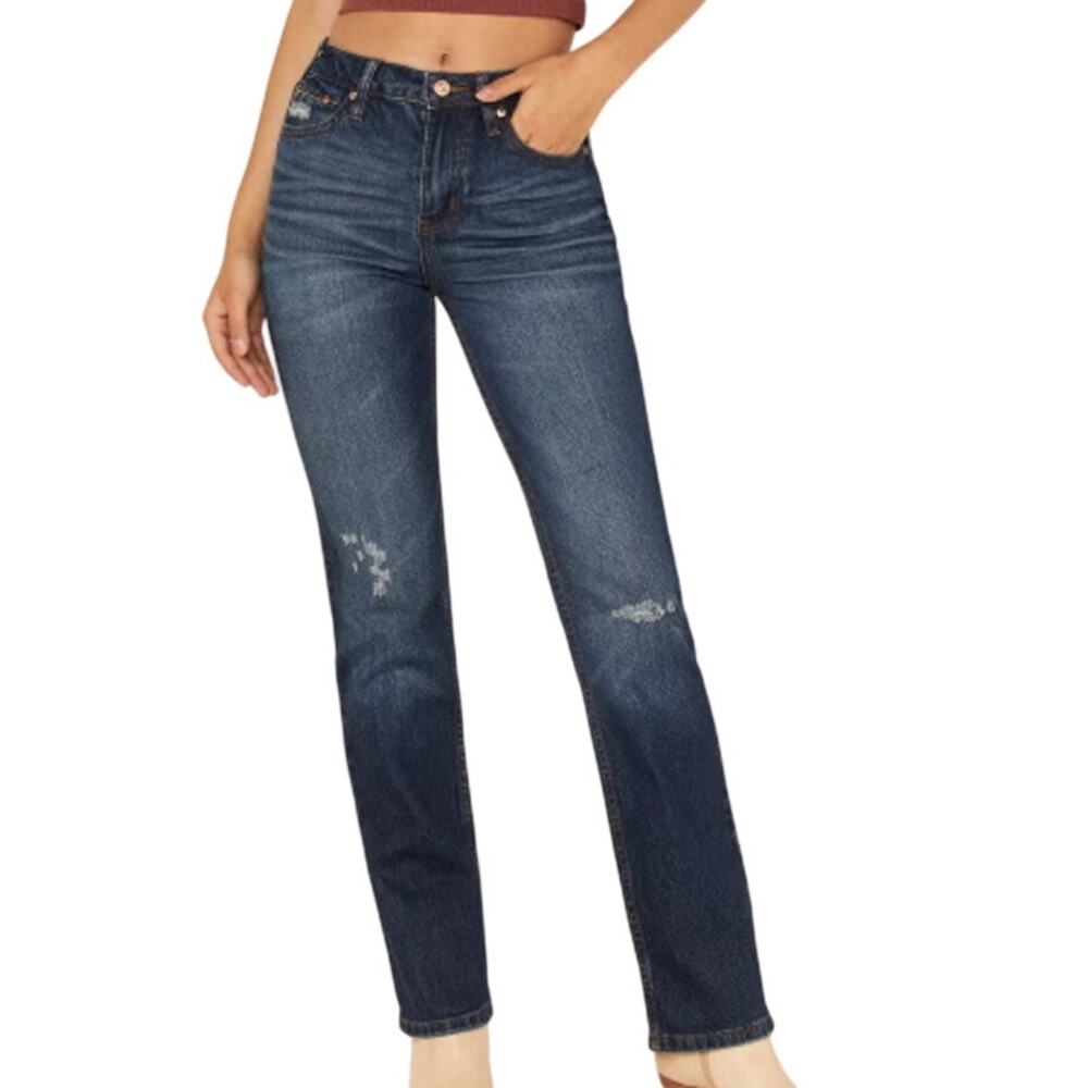 Cleo + Wolf High Rise Straight Western Everyday Basic Slim Dark Wash Denim Jeans